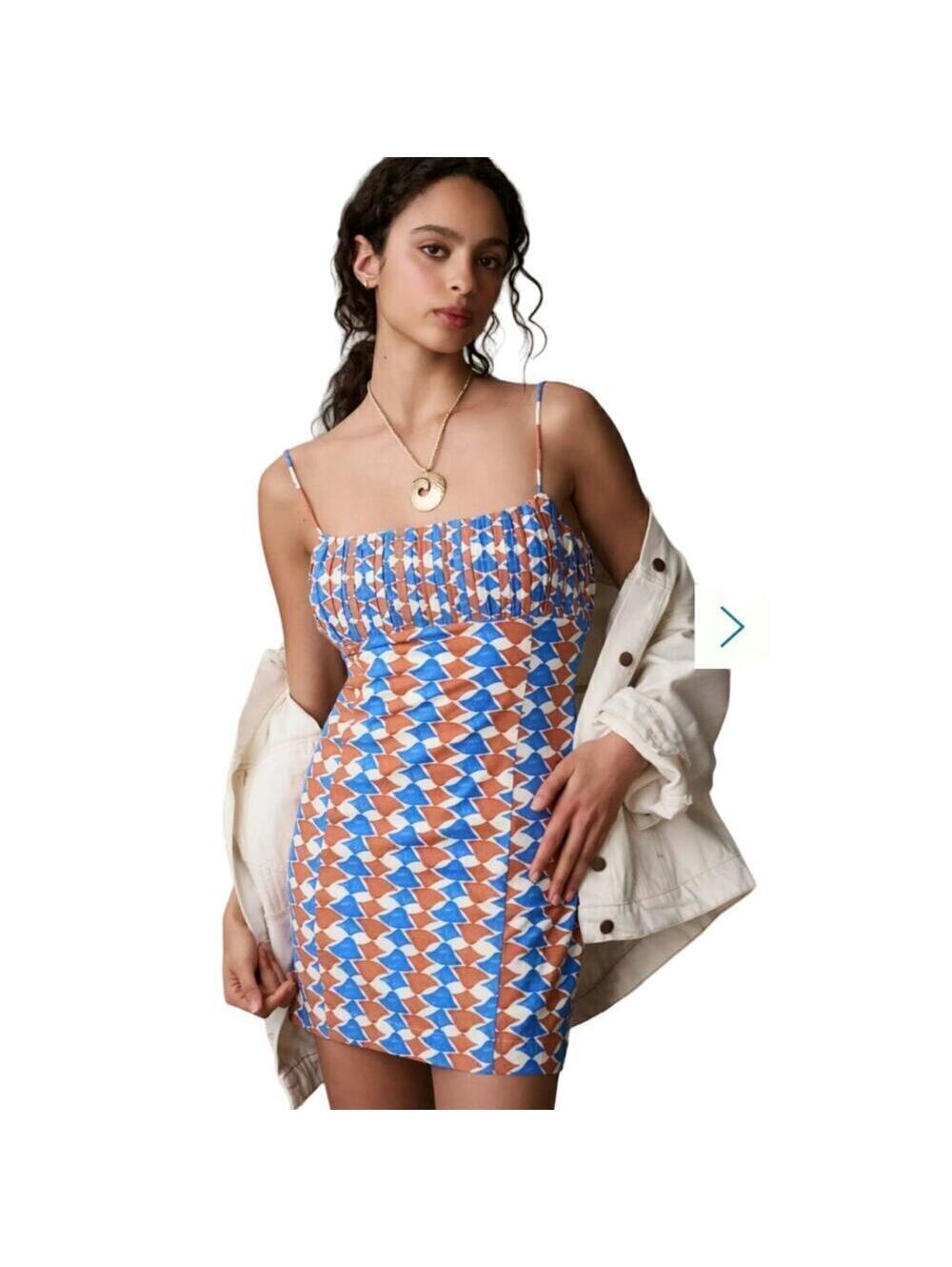 Anthropologie Ophelia Sleeveless Linen Mini Dress Size 12 Blue Orange Homecoming